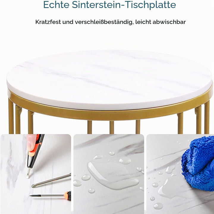 FATIVO Marmor Couchtisch Beistelltisch Gold: Sofatisch 2 Ablagen - Nachttisch rund fürs Wohnzimmer S