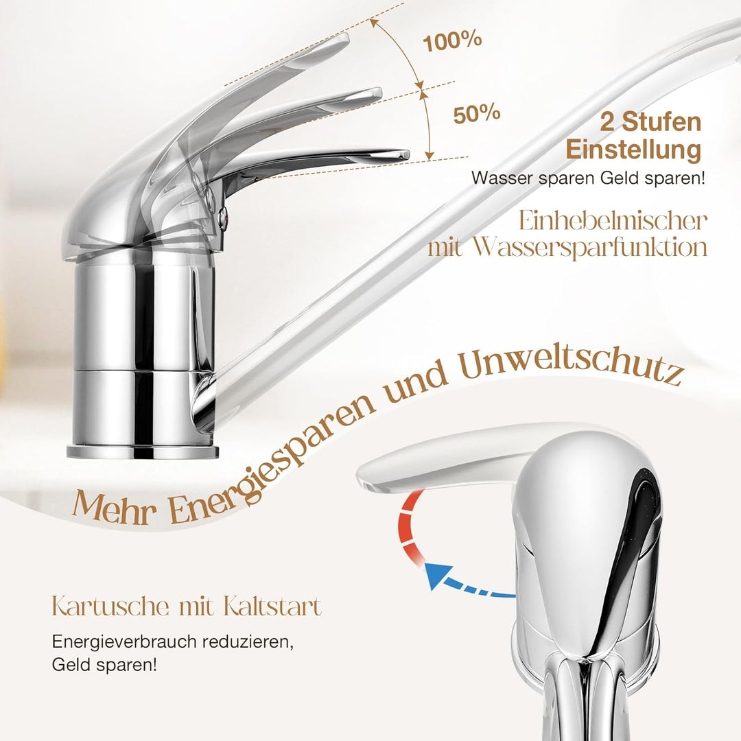 Küchenarmatur in chrom, 360 °Wasserhahn Küche, Wassersparend Mischbatterie mit Kaltstart Keramikkart