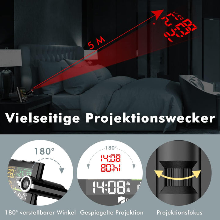 DR.PREPARE Wetterstation mit Aussensensor DCF Projektionswecker Einstellbare Projektionsfokus Wecker