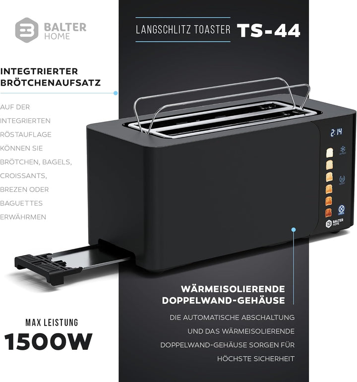 Balter Toaster 4 Scheiben Touch Bedienung, Langschlitz, Edelstahl, Brötchenaufsatz, LCD Display Rest