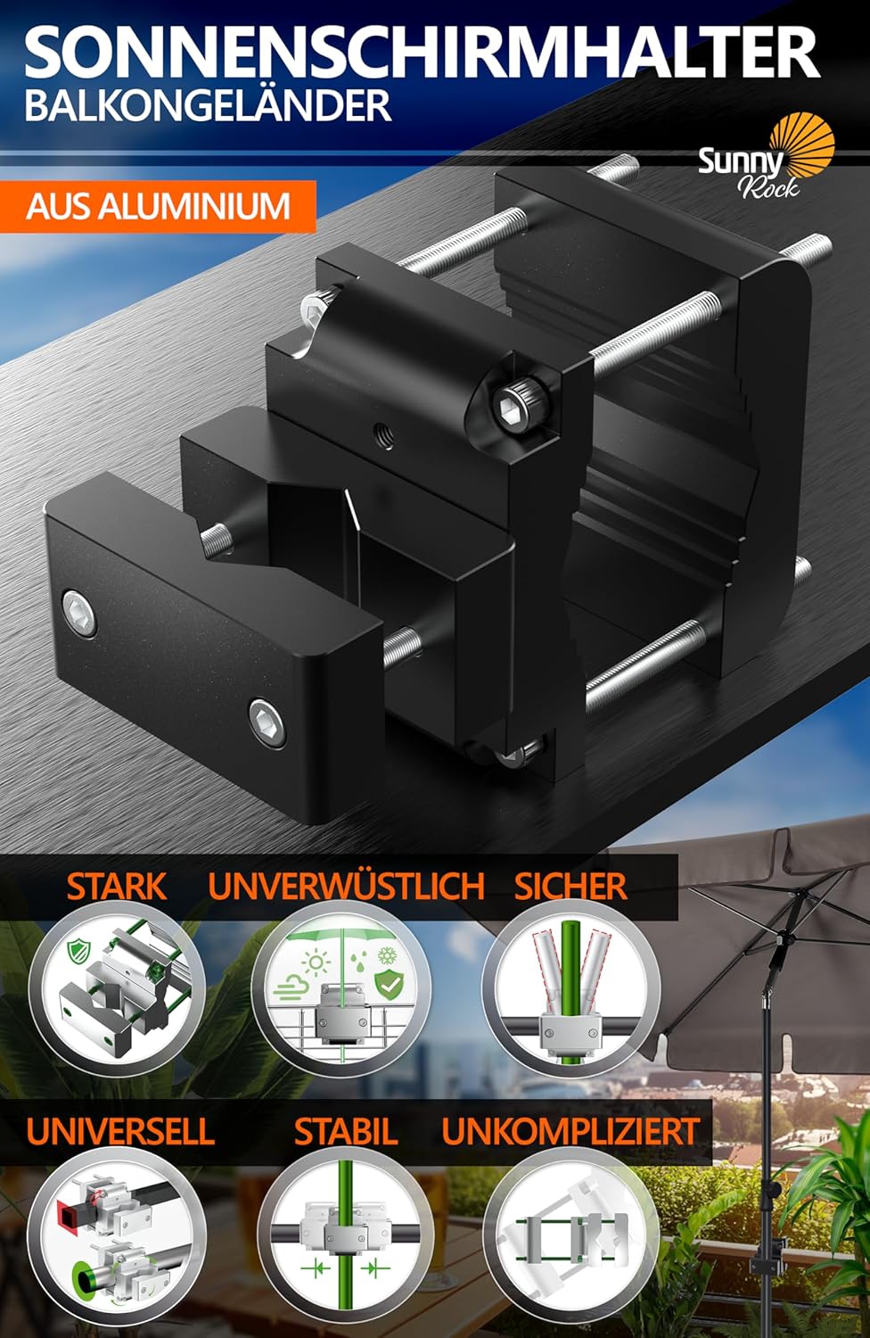 4smile Sonnenschirmhalter Balkongeländer Aluminium – Sonnenschirmständer-Ersatz SunnyRock extrem sta