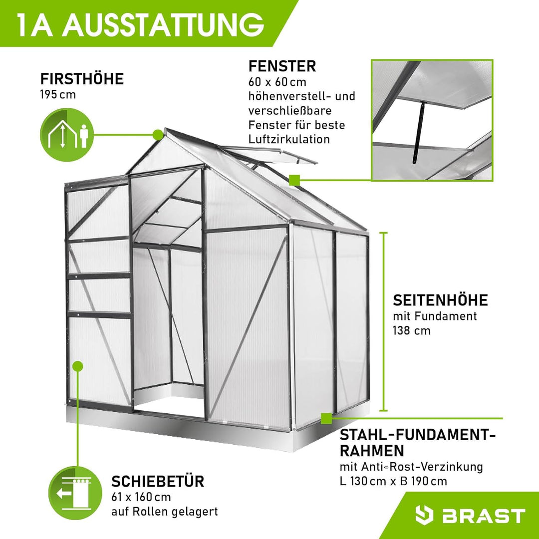 BRAST® Gewächshaus Aluminium mit Fundament rostfrei 40 Modelle 130x190x195cm - 490x250x235cm 6mm Pla
