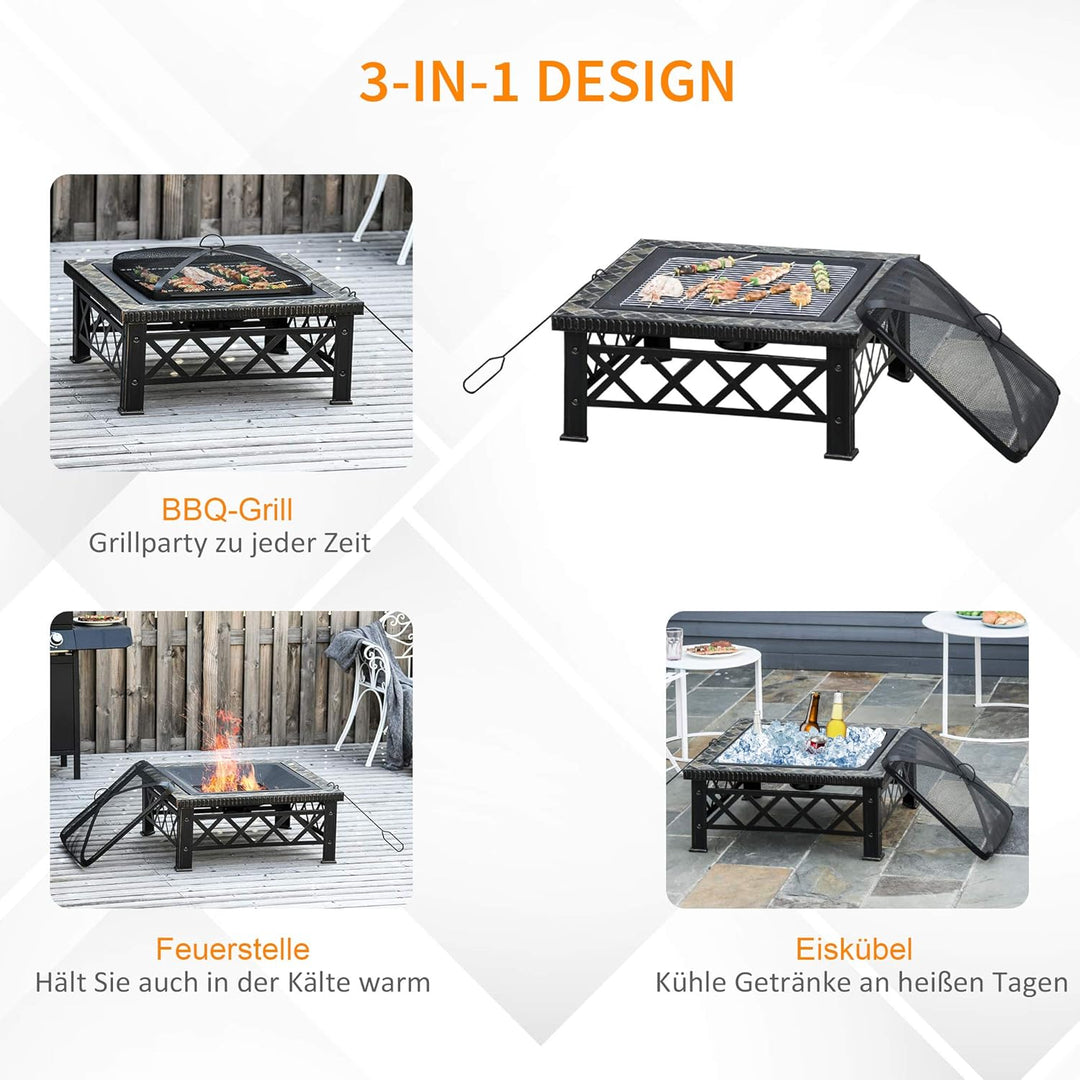 Outsunny 3-in-1 Feuerschale Feuerkorb Feuerstelle mit Funkenschutz Grillrost Eiskübel Garten BBQ Sch