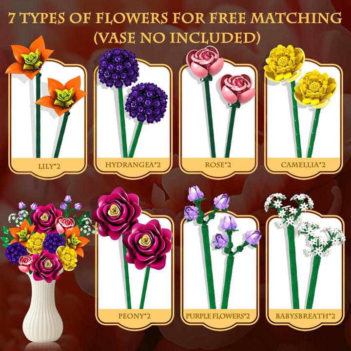 KOJAYHOL Blumen Steine Set, 933 Teile Künstlicher Blumenstrauss, Ewig Blühendes DIY Bausatz, Einziga