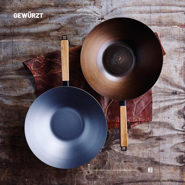 Beka Carbonstahl Wokpfanne Induktion und Barbecue, mit hitzeabweisendem Griff aus Holz, ohne Deckel,
