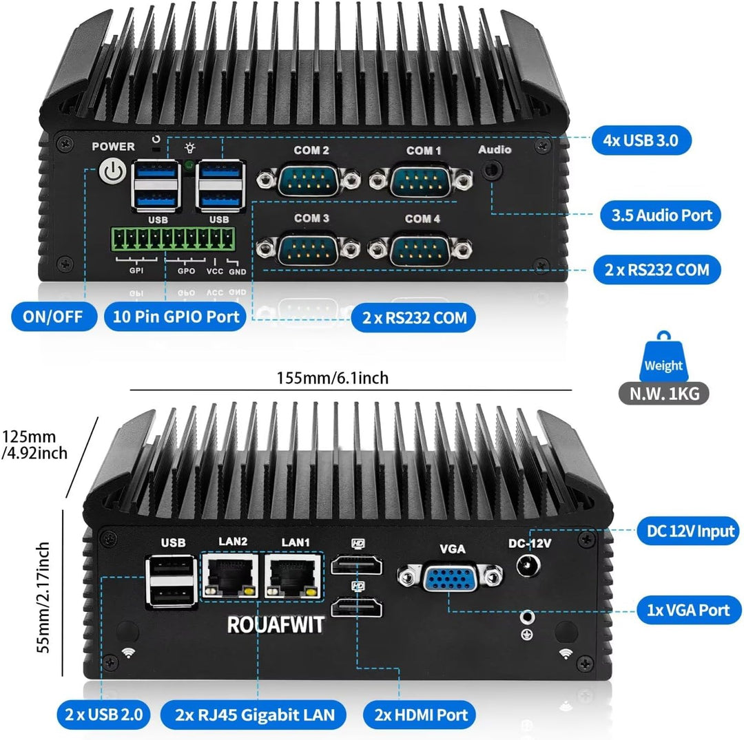 Lüfterlos PC N150(4C/4T) Industrie Mini PC, 4RS232 COM,2RJ45 LAN, 2HD+VGA Triple Display, 6USB, GPIO