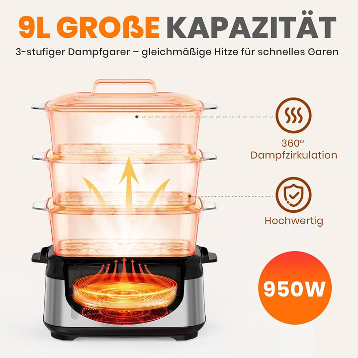 Dampfgarer Elektrisch 950W 3 Schichten 9L Kapazität Mit 60 Min Timer Antihaft Heizplatte Spülmaschin