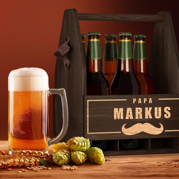 Maverton Bierträger für 6 Flaschen 0,5L + Gravur - Männerhandtasche mit Flaschenöffner - Grösse: 25x
