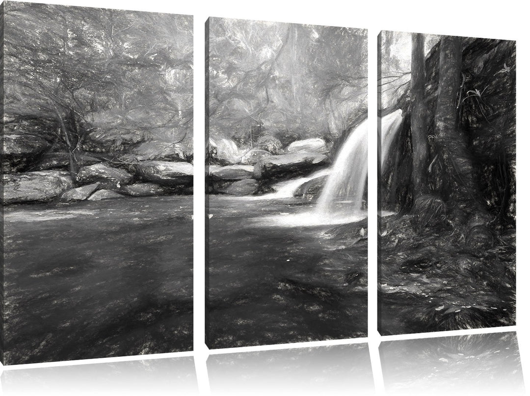 Pixxprint Wasserfall im Wald / 3-Teilig/Gesamtmass 120cm Leinwandbild bespannt auf Holzrahmen/Wandbi