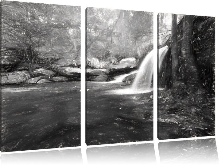 Pixxprint Wasserfall im Wald / 3-Teilig/Gesamtmass 120cm Leinwandbild bespannt auf Holzrahmen/Wandbi