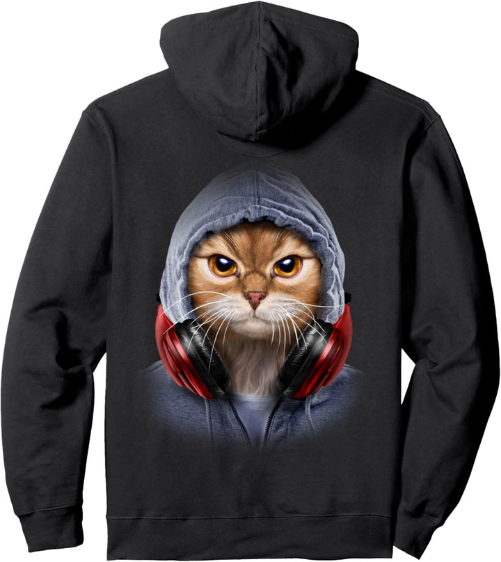 Orange Katze in einem grauen Kapuzenpulli und Kopfhörern Pullover Hoodie