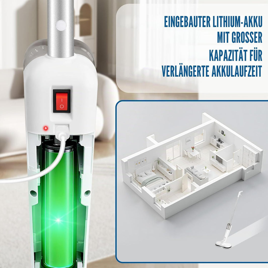 Elektrischer Wischmopp, kabellos, 7,4 V, 2000 mAh, Lithium-Akku, 200 ml Wassertank, 1 Stunde Laufzei
