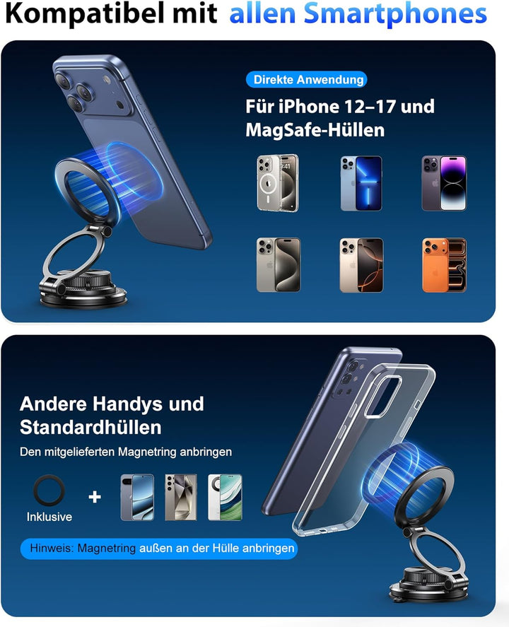 Glangeh Ganzmetall Ultradünne handyhalterung Auto Magnet, [95 LBS starker Vakuum- und Gel-Saugnapf]