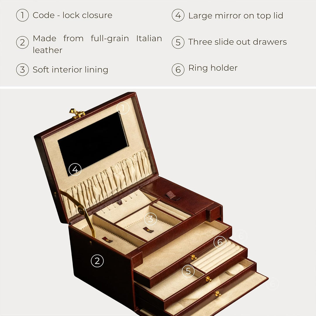 Time Resistance Braun Leder-Schmuckkästchen Vollnarbenleder Schmuck Organizer Aufbewahrung von Acces