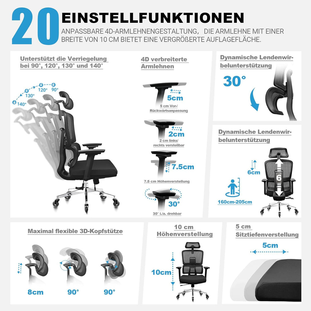 Bürostuhl Ergonomisch 200KG | 6P Verstellbare Rückenlehne | 4D-Armlehnen | Leises Gummirollen | Sitz