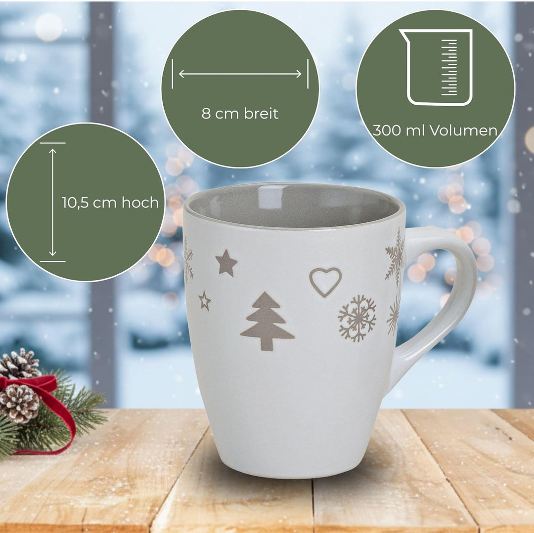 Schönes Weihnachtstassen 6er Set - Grosse 300 ml Weihnachtsmotiv Kaffee-Tassen in grau, weiss Weihna