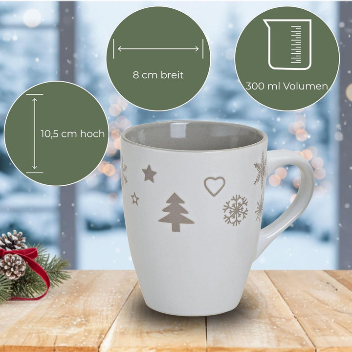 Schönes Weihnachtstassen 6er Set - Grosse 300 ml Weihnachtsmotiv Kaffee-Tassen in grau, weiss Weihna