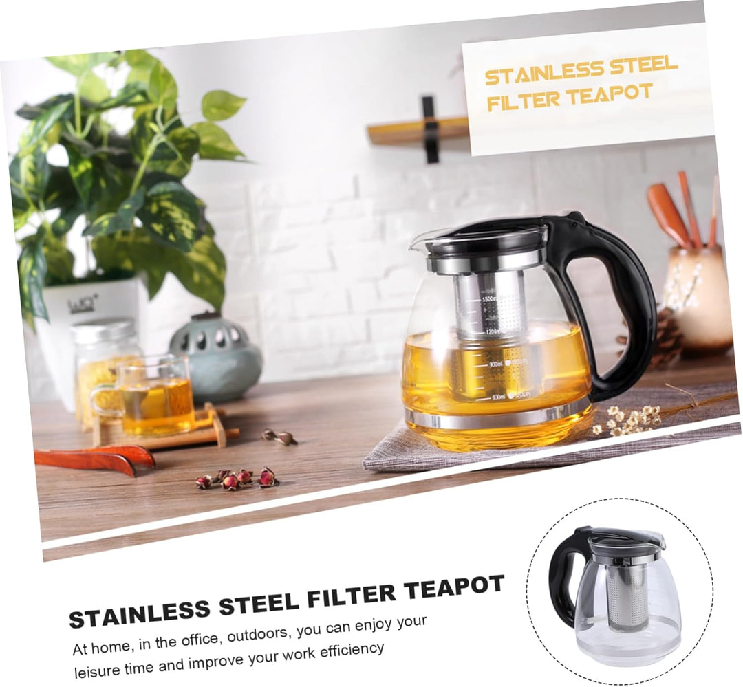 OUNONA Glas-Teekanne, Edelstahl-Filtergriff, hitzebeständig, 1500 ml, Schwarz