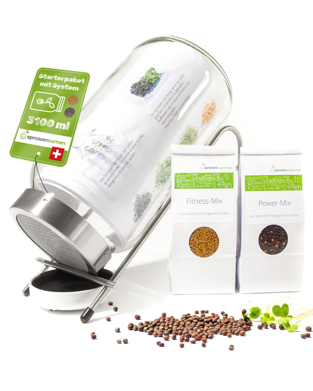 Starterpaket 3100ml mit Fitness-Mix Bio 250g & Power-Mix Bio 250g - Keimglas für Sprossen - inkl. Sp
