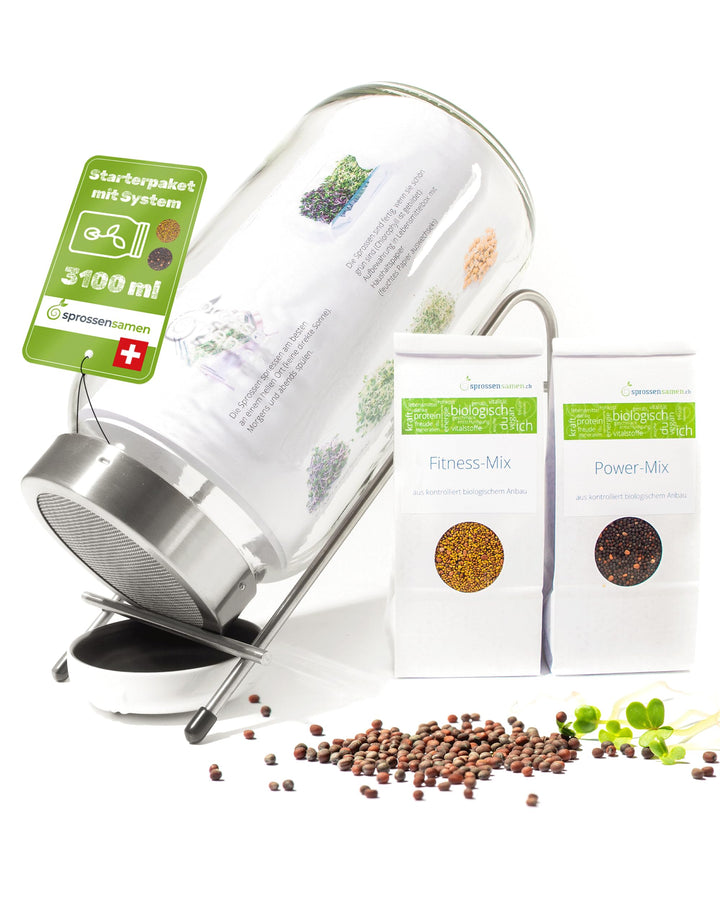 Starterpaket 3100ml mit Fitness-Mix Bio 250g & Power-Mix Bio 250g - Keimglas für Sprossen - inkl. Sp