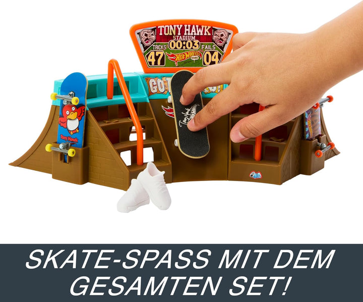 Hot Wheels Skate Stadion Skatepark - 360-Grad-Design, Tony Hawk Fingerboard, abnehmbare Skateschuhe,