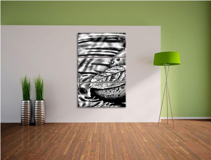 Pixxprint Stein mit Blatt als Leinwandbild/Grösse: 3 Teilig (120x80) cm/Wandbild/Kunstdruck/fertig b