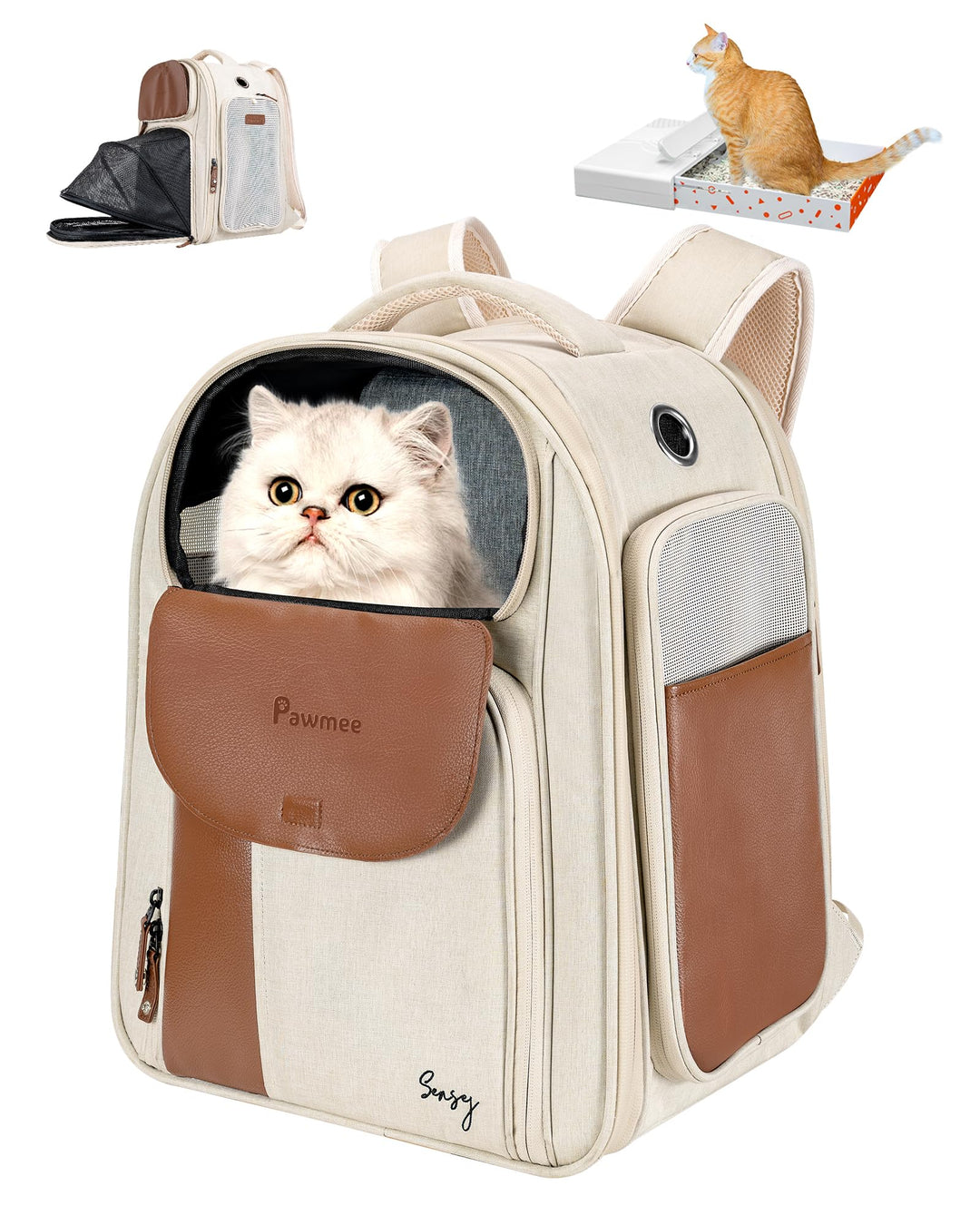 Sensej x Pawmee Katzenrucksack mit Staufach für Katzentoilette – Tragbar & Platzsparend, Ausziehbare