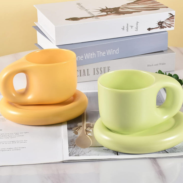 Koythin Keramik Kaffee Chubby Tasse mit Untertassen Set, Kreative und Niedliche Chubby Kaffeebecher
