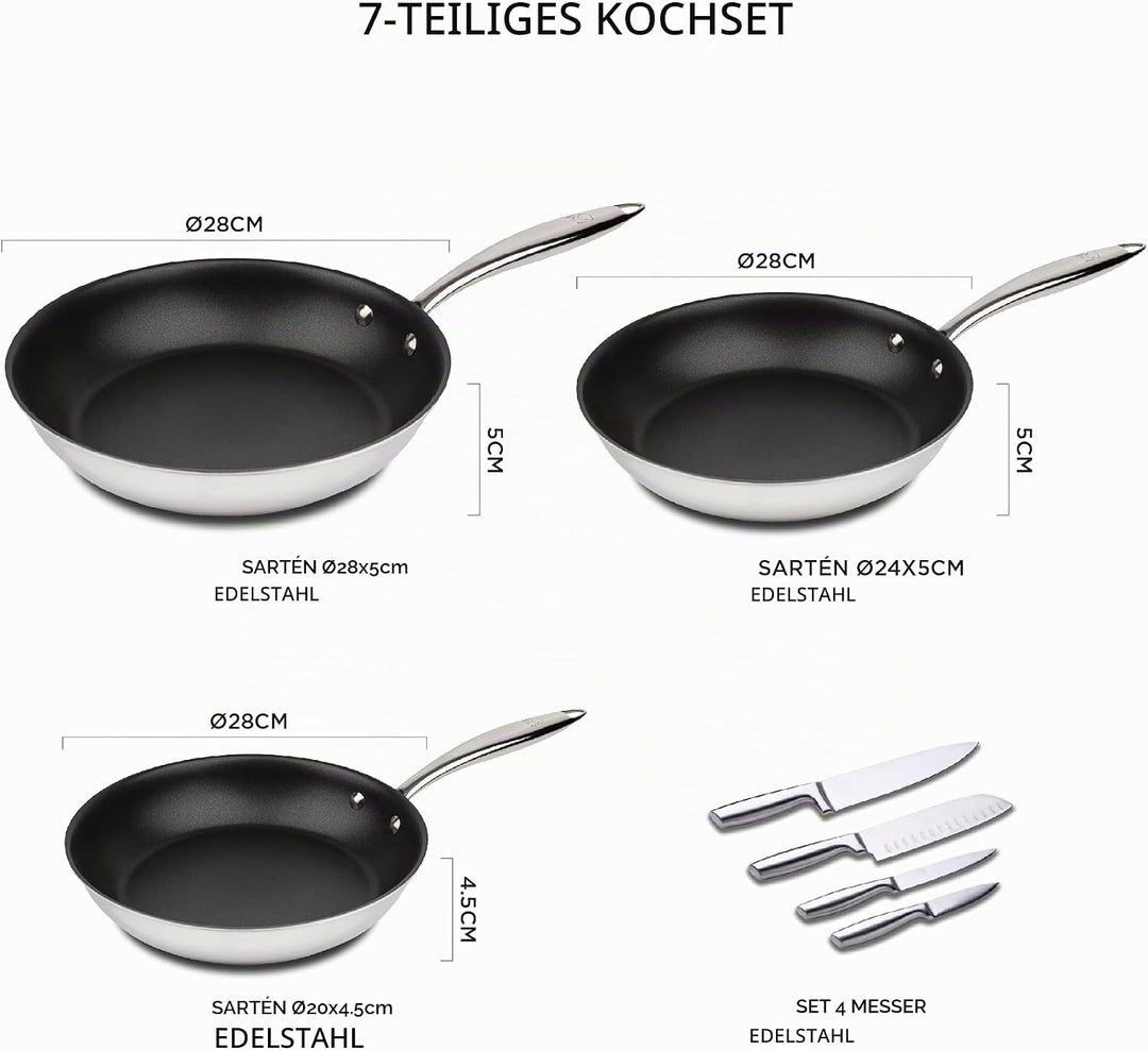 MasterPRO Argent 3 - Pfannen- und Messerset - Drei Hochleistungs-Edelstahlpfannen 28, 24 und 20 cm -