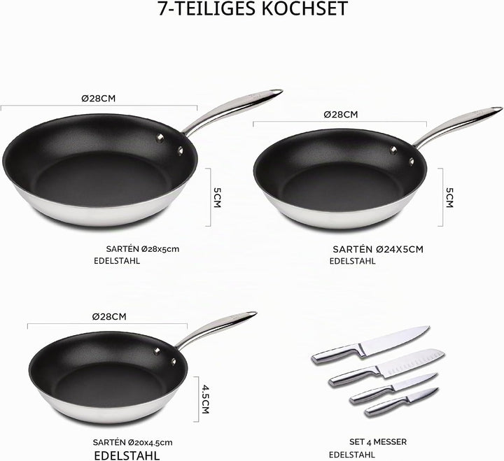 MasterPRO Argent 3 - Pfannen- und Messerset - Drei Hochleistungs-Edelstahlpfannen 28, 24 und 20 cm -