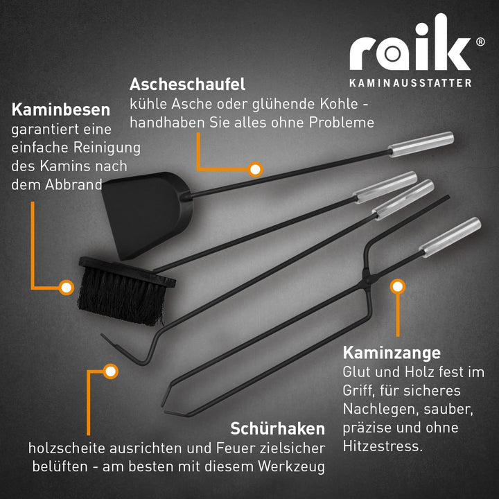 raik Kaminbesteck Set Albert 4-teilig inkl. Rindsleder Ofenhandschuh schwarz Kamingarnitur Stahl Sch