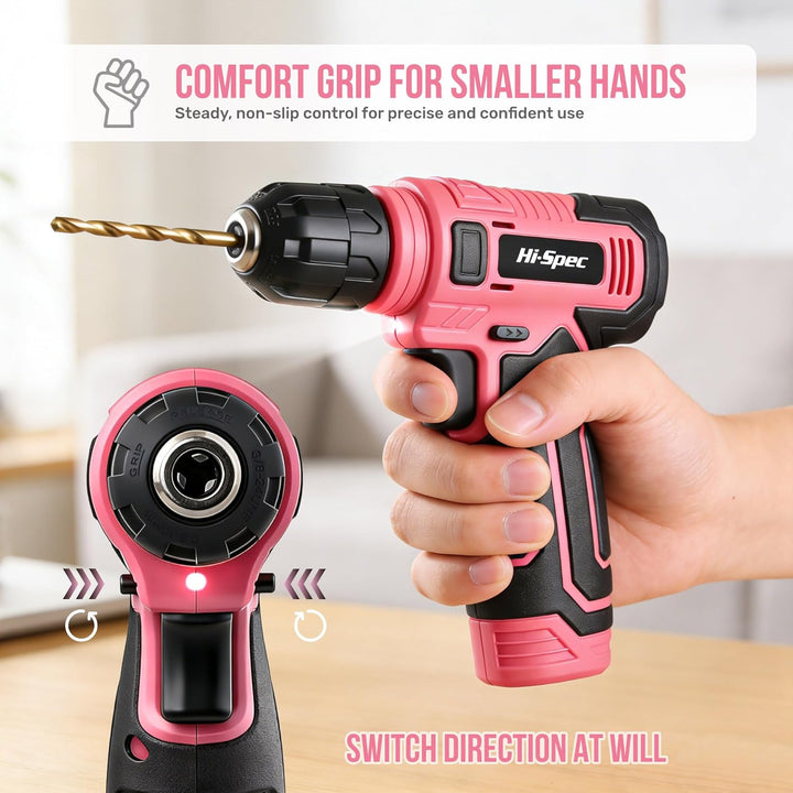Hi-Spec 8V Akku-Schrauber Set in Pink mit USB-Ladefunktion – Kompakter, kabelloser Elektro-Schrauber