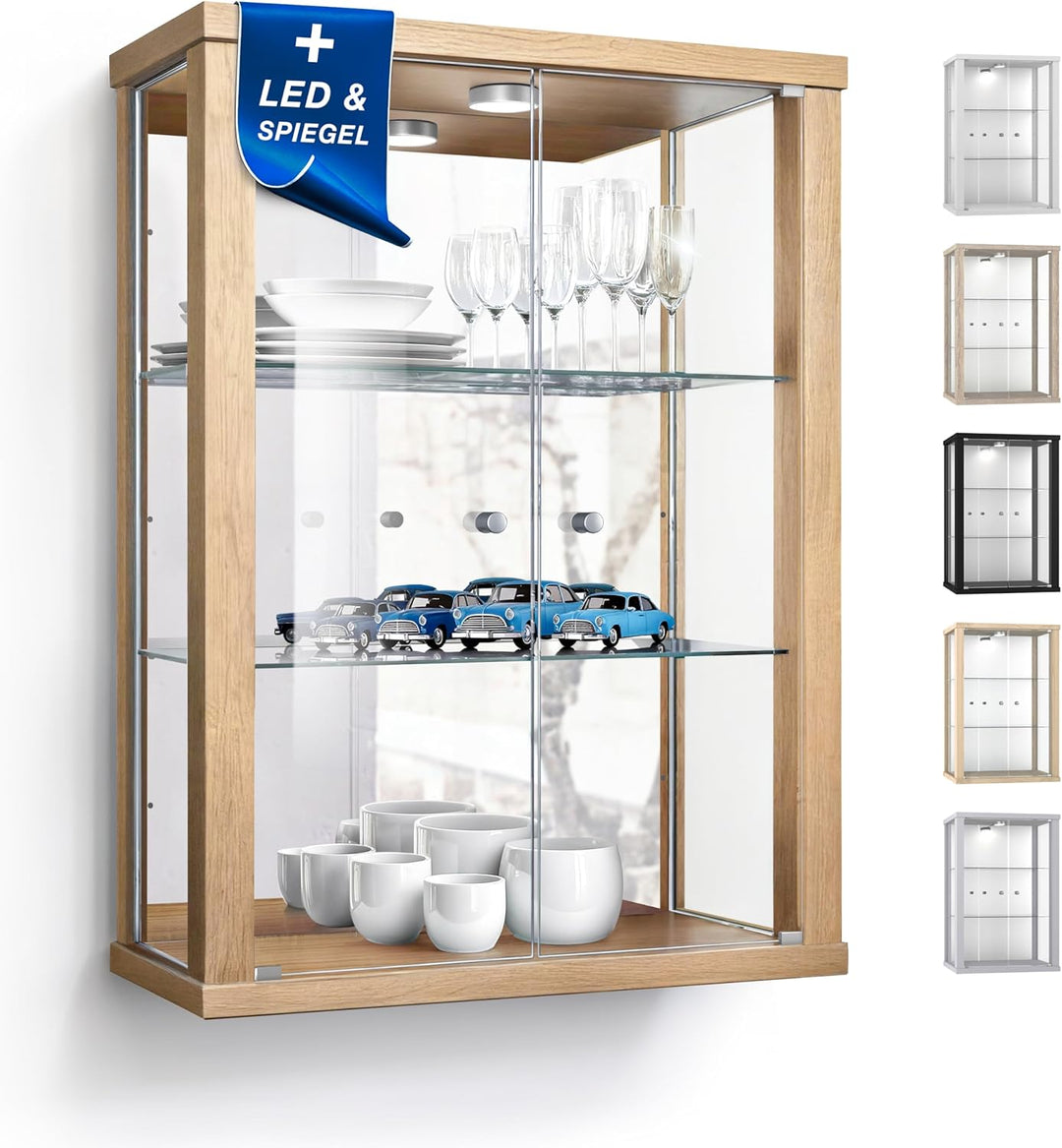 K-Möbel Hängevitrine in Buche (80x60x25 cm) mit 2 höhenverstellbaren Glasböden, Spiegel & LED - Mode