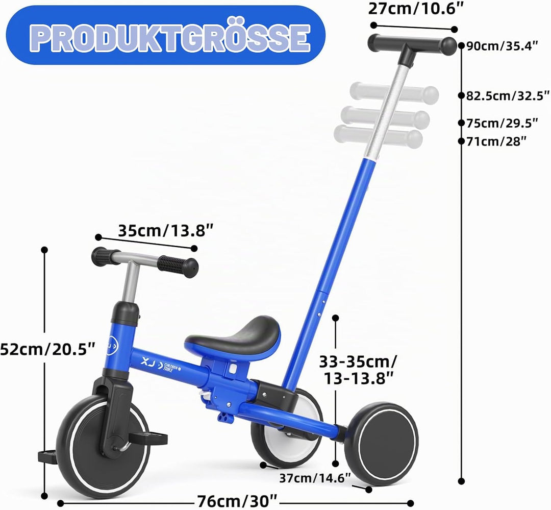 XJD Kleinkind Dreirad ab 1 2 3 Jahr, 5-in-1-Kleinkindfahrrad mit verstellbarem Schiebegriff, Laufrad