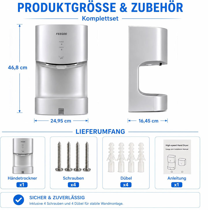 Automatischer Händetrockner mit Auffangschale, 240 V, 1300 W, Silber
