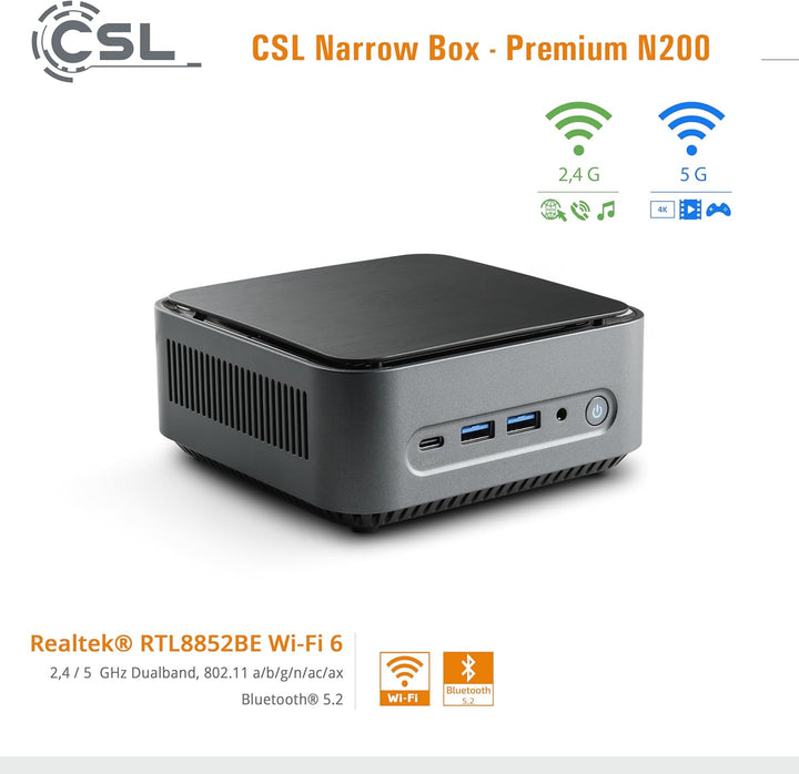 Mini PC CSL Narrow Box Premium Windows 11 Home lüfterlos, Intel N200 4X 3700 MHz Turbotakt, 1000 GB