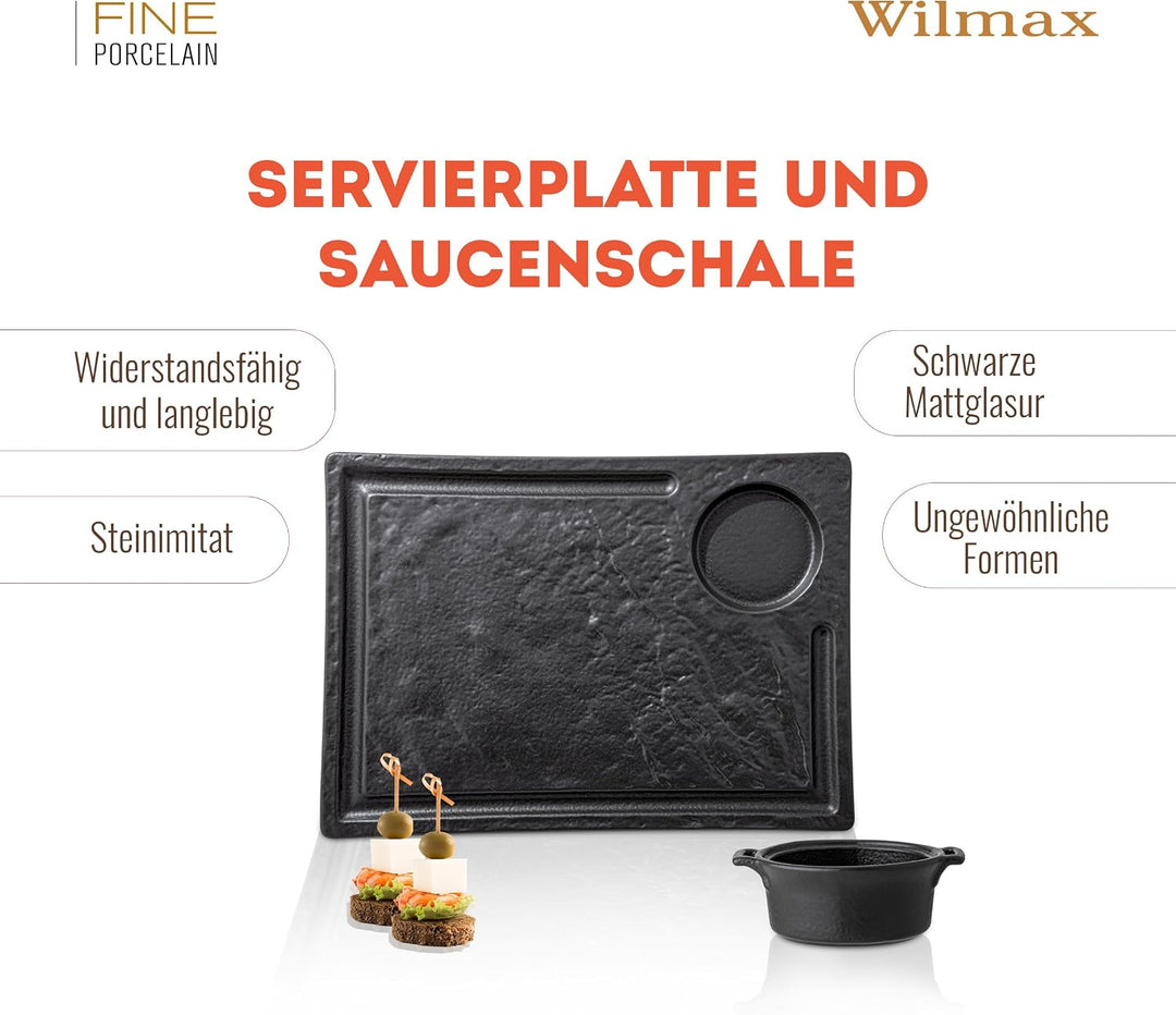 Wilmax | Servierplatte mit Kochtopf | Natursteinimitat | Handglasiert | Sicher | Robust | Kratzfest
