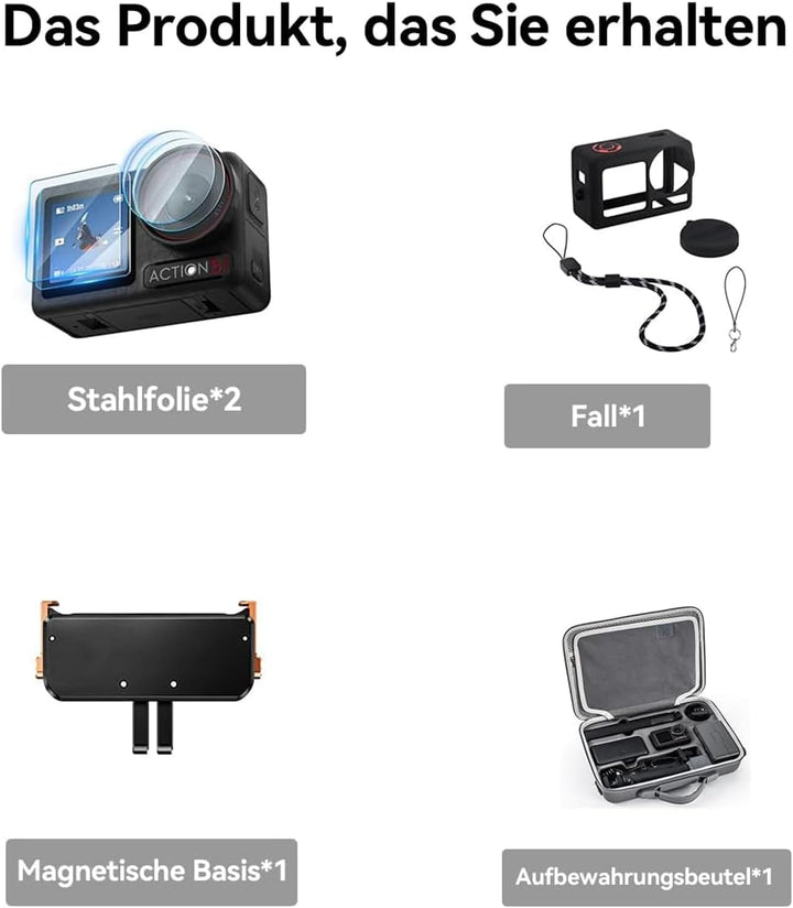 DJI Osmo Action 5 Pro Standard Combo mit Aufbewahrungstasche + Panzerfolie + Magnetfuss + Schutzhüll
