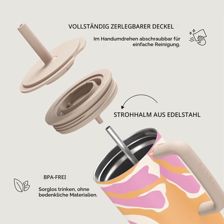 BURGA 1,2l Becher mit Griff und Trinkhalm – Auslaufsichere isolierte Wasserflasche, hält Getränke 12