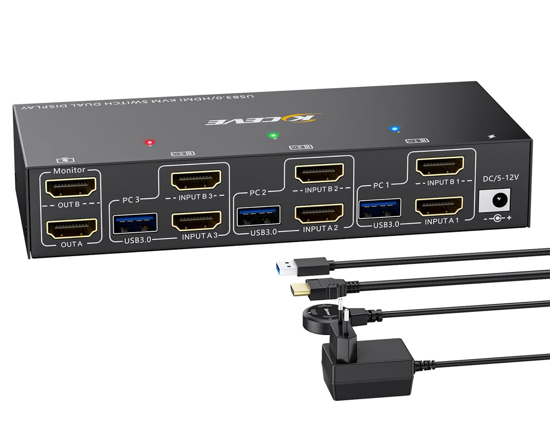 USB3.0 KVM Switch 3 PC 2 Monitore 4K@60Hz EDID Emulator, KVM Switch HDMI 2K@120Hz für 3 PC-Teilen si