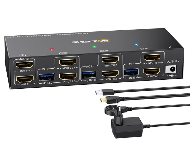 USB3.0 KVM Switch 3 PC 2 Monitore 4K@60Hz EDID Emulator, KVM Switch HDMI 2K@120Hz für 3 PC-Teilen si