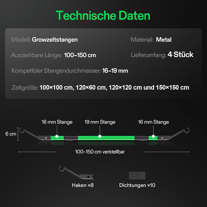 VIVOSUN High-CFM Stützstangen-Set für Growzelt, Heavy-Duty Querstreben, 100–150 cm verstellbar, hohe