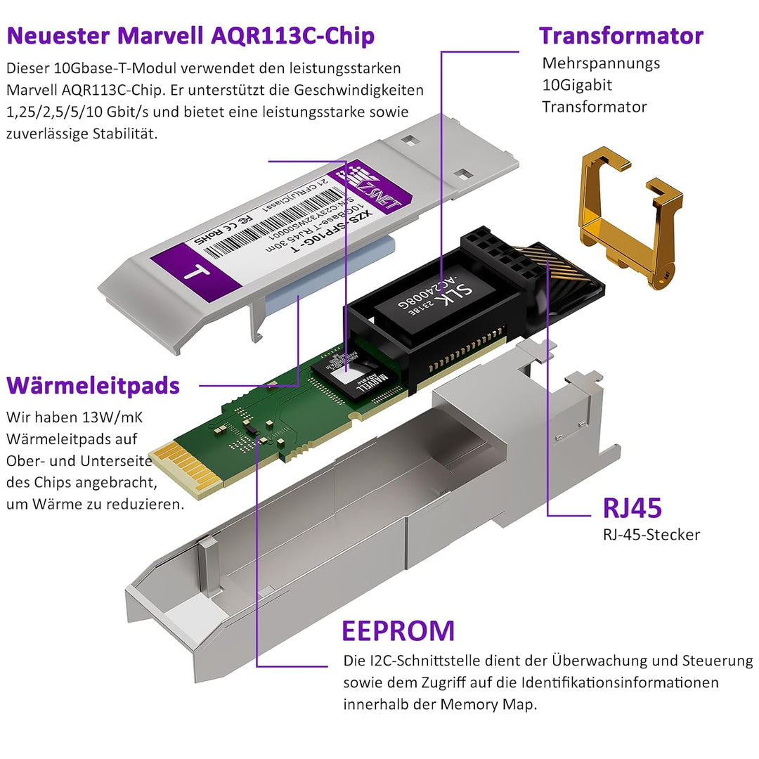 1,25/2,5/5/10GBASE-T SFP+ auf RJ45 Transceiver, 10Gb Kupfer SFP+ Mini GBIC Modul für Cisco SFP-10G-T