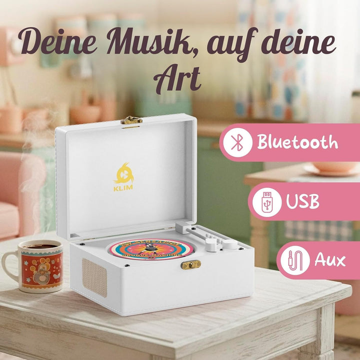 KLIM Retro CD Player – Tragbarer CD-Player mit Lautsprecher, Bluetooth-Empfänger, AUX, USB, Akku, Re