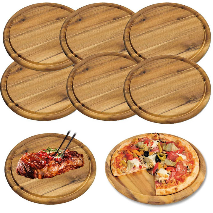 LS-LebenStil 6x Holz Fleischteller 25cm Rund FSC Akazie - Set - 6 Stück - Schneidebrett mit Saftrill