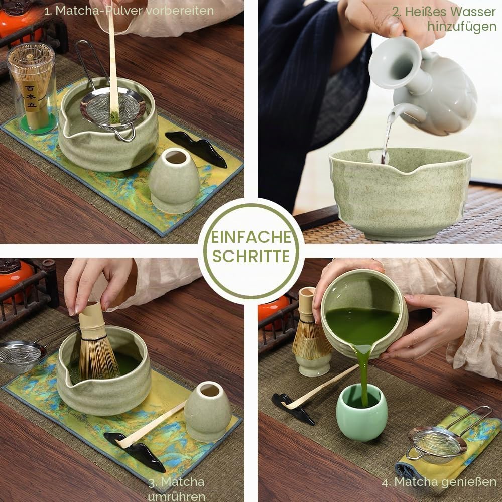 5 Stück Matcha Set, Bambus Besen, Keramik Schale mit Ausgiesser, Whisk, Schaufel, Sieb, Ohne Pulver,