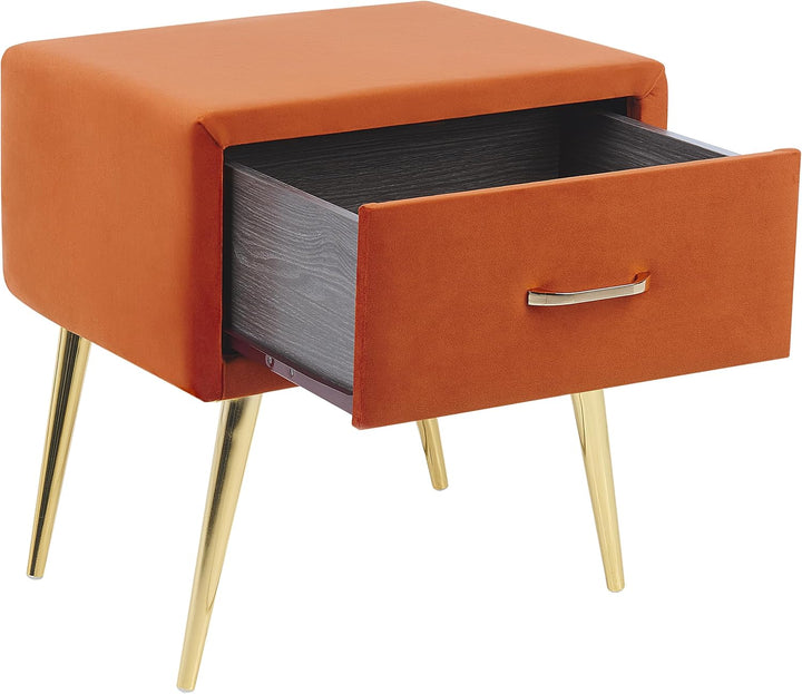 Nachttisch Samtstoff orange mit Schublade Metallgestell gold Modern Glam Flayat