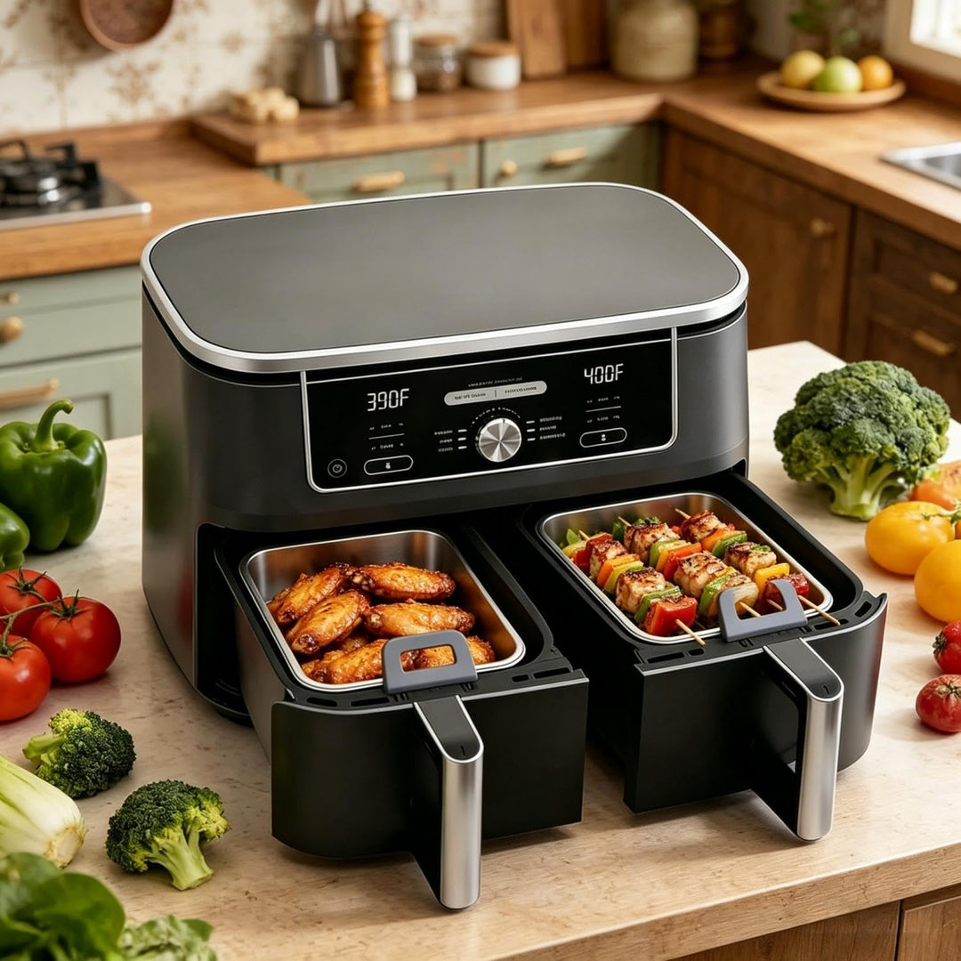 2er Set Edelstahl Backform für Heissluftfritteuse mit Grillrost und Frischhaltedeckel – Airfryer Zub