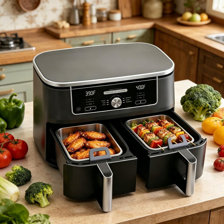 2er Set Edelstahl Backform für Heissluftfritteuse mit Grillrost und Frischhaltedeckel – Airfryer Zub