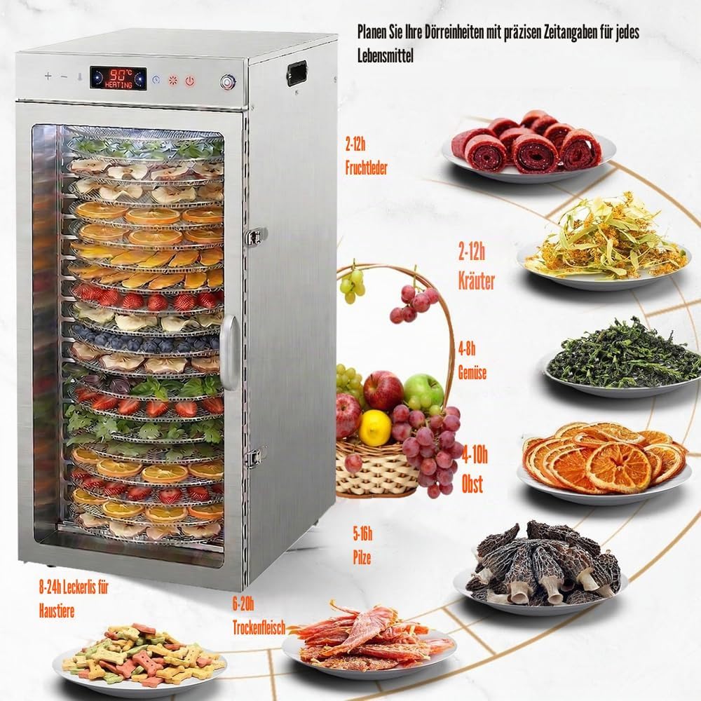 360°Drehfunktion Food dörrautomat (10 extragrosse Tablett) 800W Doppellüfter,24 Hour Digital Timer T
